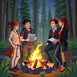 A vibrant and engaging scene that illustrates four young adults sharing a moment around a campfire in a lush forest, embodying their unique professions: a female medic in scrubs with a first aid kit, a male programmer with a laptop and coding books, a male government official in a smart blazer with a briefcase, and a female translator holding a notebook and pen