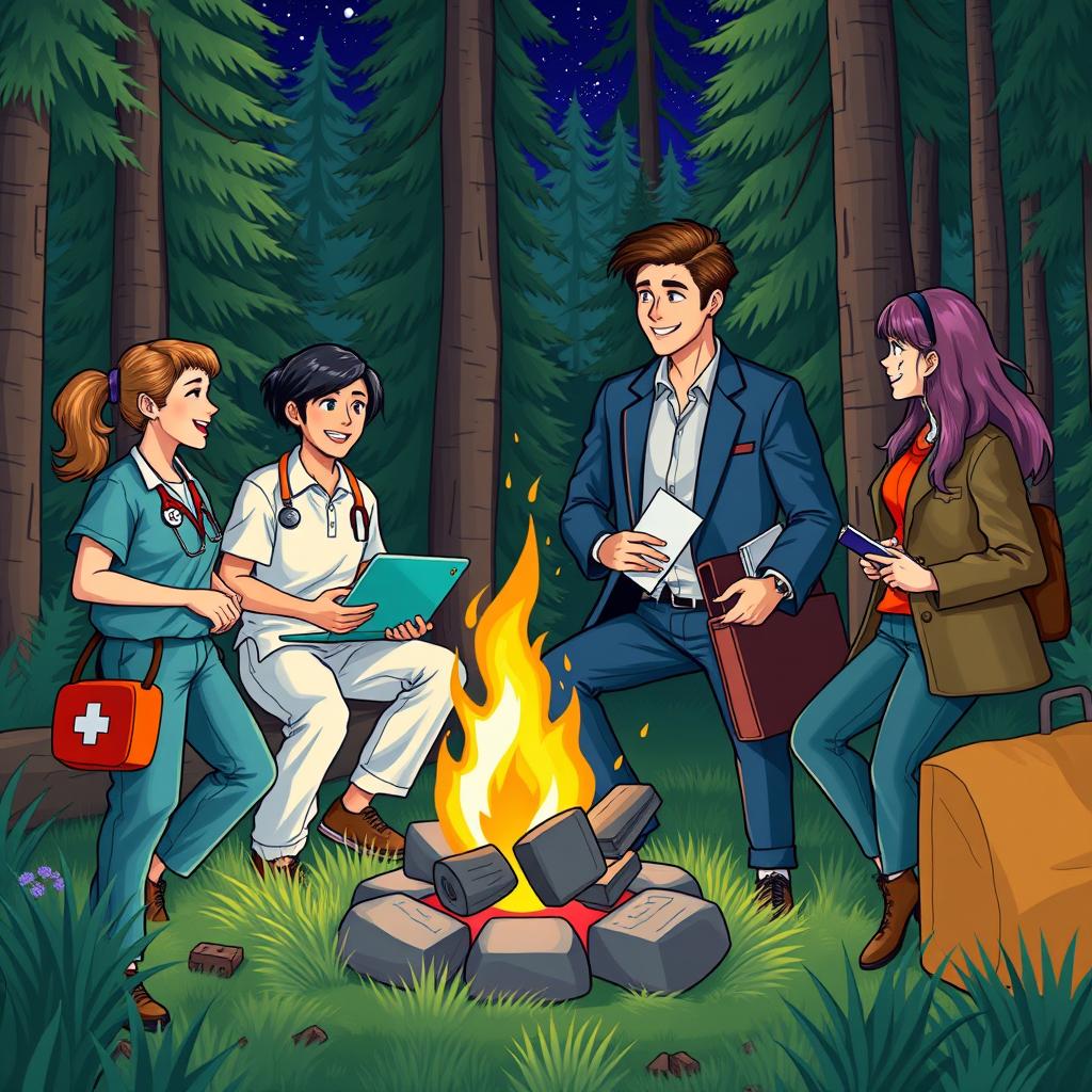 A vibrant and engaging scene that illustrates four young adults sharing a moment around a campfire in a lush forest, embodying their unique professions: a female medic in scrubs with a first aid kit, a male programmer with a laptop and coding books, a male government official in a smart blazer with a briefcase, and a female translator holding a notebook and pen