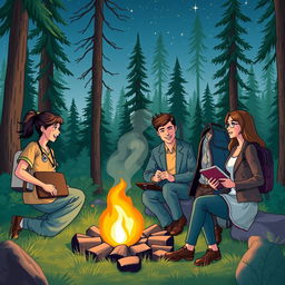 A vibrant and engaging scene that illustrates four young adults sharing a moment around a campfire in a lush forest, embodying their unique professions: a female medic in scrubs with a first aid kit, a male programmer with a laptop and coding books, a male government official in a smart blazer with a briefcase, and a female translator holding a notebook and pen