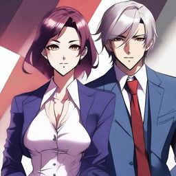 A detailed and realistic digital anime art piece, featuring a sophisticated couple in a suit and dress, standing next to each other with serious expressions