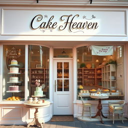 A charming pastry shop named 'Cake Heaven' with an inviting storefront