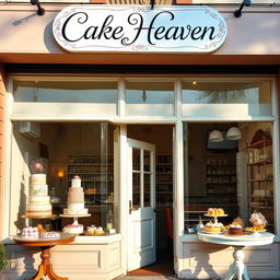 A charming pastry shop named 'Cake Heaven' with an inviting storefront