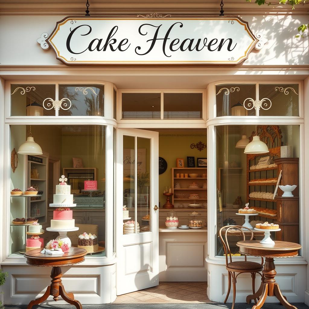 A charming pastry shop named 'Cake Heaven' with an inviting storefront