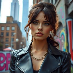 A brunette woman with honey-colored eyes, a refined nose, and pink lips, exuding an aura of independence and strength
