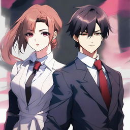 A detailed and realistic digital anime art piece, featuring a sophisticated couple in a suit and dress, standing next to each other with serious expressions