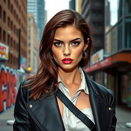 A brunette woman with honey-colored eyes, a refined nose, and pink lips, exuding an aura of independence and strength