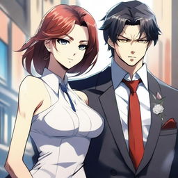 A detailed and realistic digital anime art piece, featuring a sophisticated couple in a suit and dress, standing next to each other with serious expressions