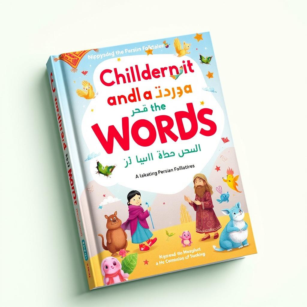 A colorful and engaging book cover for 'Children and the World of Words' (کودکان و دنیایی واژگان), showcasing a whimsical illustration that represents Persian folktales