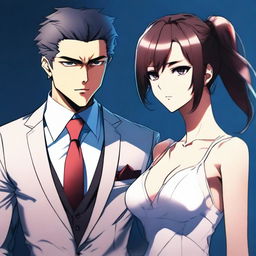 A detailed and realistic digital anime art piece, featuring a sophisticated couple in a suit and dress, standing next to each other with serious expressions