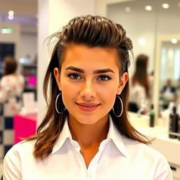 A stylish person undergoing a trendy transformation, featuring a new modern hairstyle that is sleek and fashionable, complemented by a stylish white shirt that fits perfectly