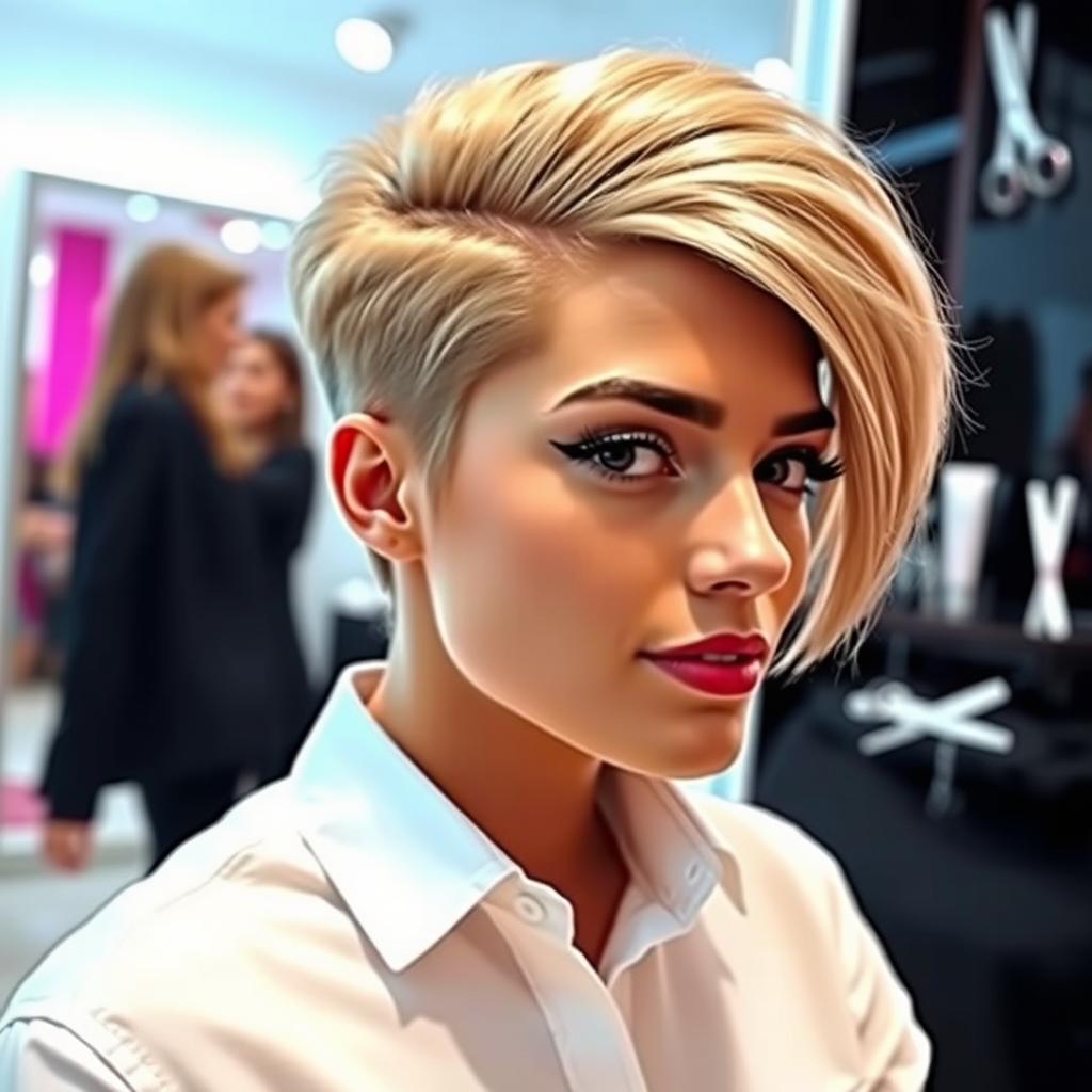 A stylish person undergoing a trendy transformation, featuring a new modern hairstyle that is sleek and fashionable, complemented by a stylish white shirt that fits perfectly