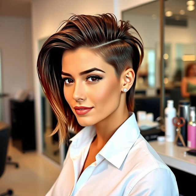 A stylish person undergoing a trendy transformation, featuring a new modern hairstyle that is sleek and fashionable, complemented by a stylish white shirt that fits perfectly