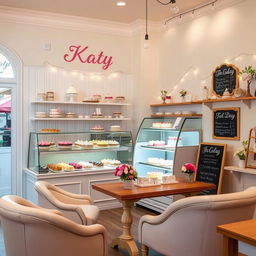 An inviting interior of a bakery named 'Katy Heaven'