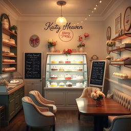 An inviting interior of a bakery named 'Katy Heaven'