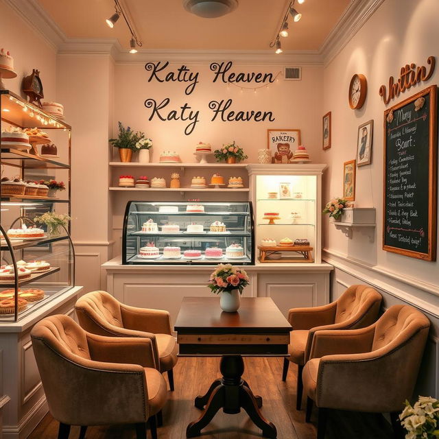 An inviting interior of a bakery named 'Katy Heaven'