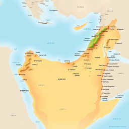 A detailed map of the Arabian Peninsula, showcasing geographical features, major cities including Riyadh and Jeddah, surrounding seas such as the Red Sea and Arabian Gulf, along with landmarks like the Rub' al Khali desert and mountains