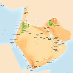 A detailed map of the Arabian Peninsula, showcasing geographical features, major cities including Riyadh and Jeddah, surrounding seas such as the Red Sea and Arabian Gulf, along with landmarks like the Rub' al Khali desert and mountains
