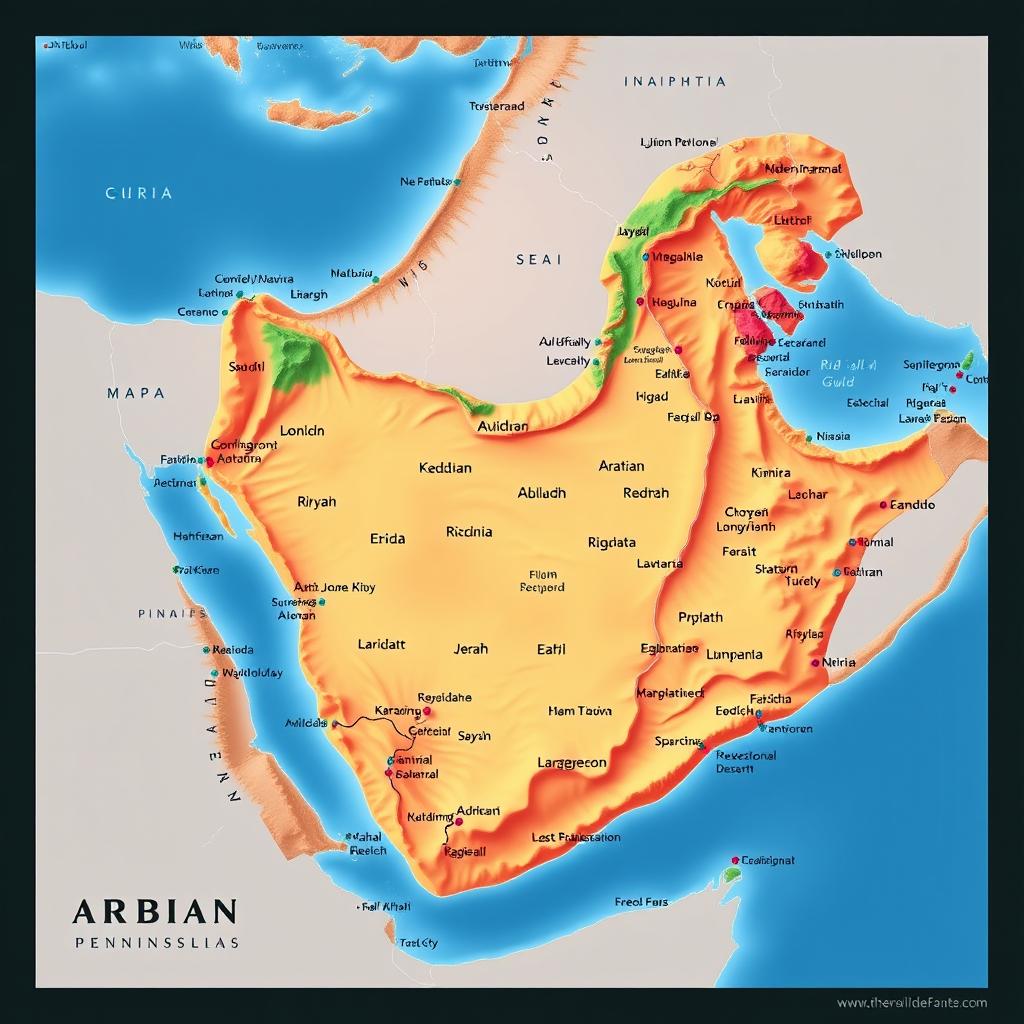 A detailed map of the Arabian Peninsula, showcasing geographical features, major cities including Riyadh and Jeddah, surrounding seas such as the Red Sea and Arabian Gulf, along with landmarks like the Rub' al Khali desert and mountains