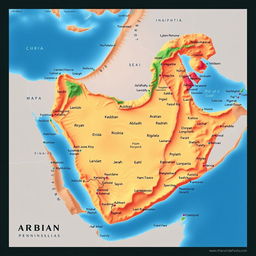 A detailed map of the Arabian Peninsula, showcasing geographical features, major cities including Riyadh and Jeddah, surrounding seas such as the Red Sea and Arabian Gulf, along with landmarks like the Rub' al Khali desert and mountains