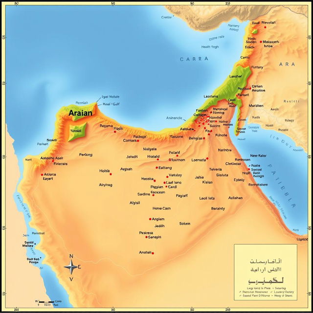 A detailed map of the Arabian Peninsula, showcasing geographical features, major cities including Riyadh and Jeddah, surrounding seas such as the Red Sea and Arabian Gulf, along with landmarks like the Rub' al Khali desert and mountains