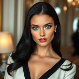 A refined woman with long black hair and striking blue eyes, wearing elegant attire that highlights her sophistication