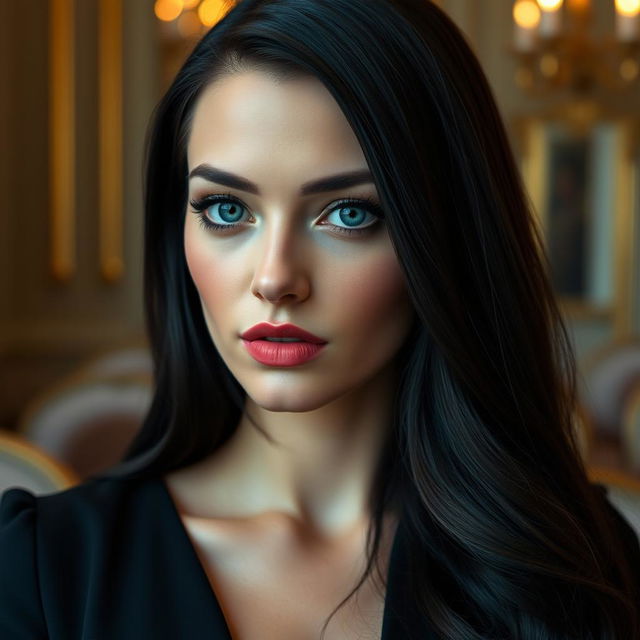 A refined woman with long black hair and striking blue eyes, wearing elegant attire that highlights her sophistication