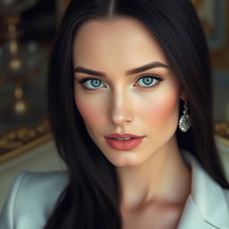 A refined woman with long black hair and striking blue eyes, wearing elegant attire that highlights her sophistication