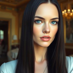 A refined woman with long black hair and striking blue eyes, wearing elegant attire that highlights her sophistication