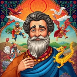 A colorful and engaging illustration of Ferdowsi, the famous Persian poet, portrayed with a warm and inviting expression