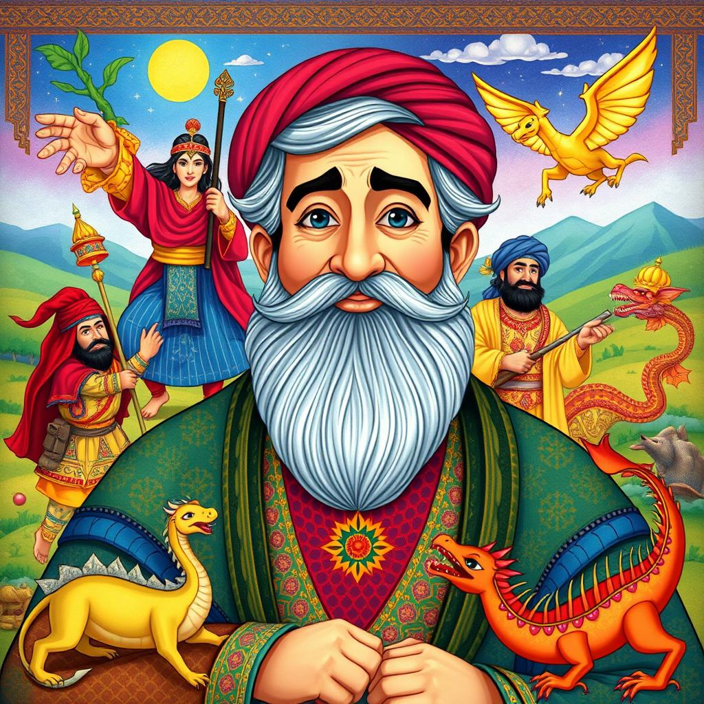 A colorful and engaging illustration of Ferdowsi, the famous Persian poet, portrayed with a warm and inviting expression