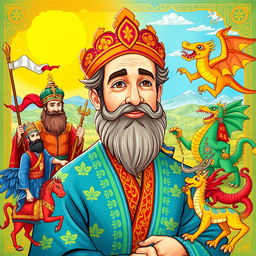 A colorful and engaging illustration of Ferdowsi, the famous Persian poet, portrayed with a warm and inviting expression