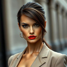 A refined brown-haired woman with striking black eyes, exuding an intimidating presence