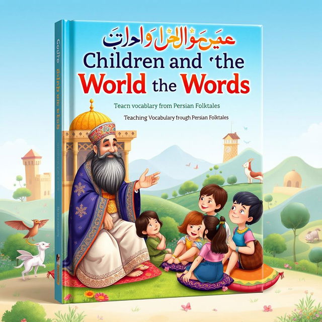 A visually enchanting book cover for 'Children and the World of Words', aimed at teaching vocabulary through Persian Folktales