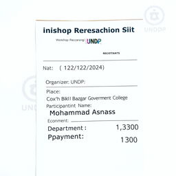 A professional-looking photo payment slip for a registration to an English and skill development workshop