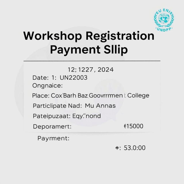 A professional-looking photo payment slip for a registration to an English and skill development workshop