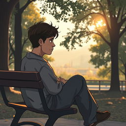 A reflective and introspective scene of a tired person sitting on a park bench, looking out at a serene landscape, capturing the feelings of exhaustion and the need for rest