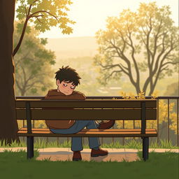 A reflective and introspective scene of a tired person sitting on a park bench, looking out at a serene landscape, capturing the feelings of exhaustion and the need for rest