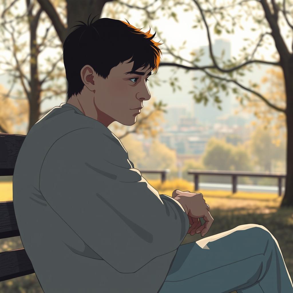 A reflective and introspective scene of a tired person sitting on a park bench, looking out at a serene landscape, capturing the feelings of exhaustion and the need for rest