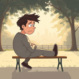 A reflective and introspective scene of a tired person sitting on a park bench, looking out at a serene landscape, capturing the feelings of exhaustion and the need for rest