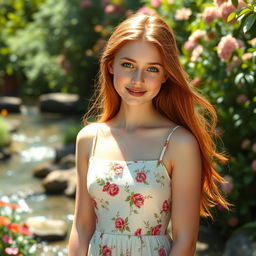 A hyper-realistic portrait of a young adult woman with long flowing auburn hair, wearing a light summer dress adorned with floral patterns