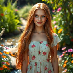 A hyper-realistic portrait of a young adult woman with long flowing auburn hair, wearing a light summer dress adorned with floral patterns