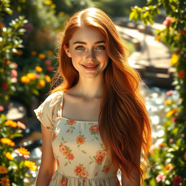 A hyper-realistic portrait of a young adult woman with long flowing auburn hair, wearing a light summer dress adorned with floral patterns