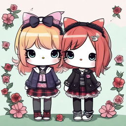 This is an endearing digital art image featuring two Hello Kitty characters