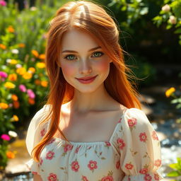 A hyper-realistic portrait of a young adult woman with long flowing auburn hair, wearing a light summer dress adorned with floral patterns