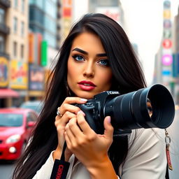 A stunning female photographer with long black hair, striking blue eyes, and soft pink lips, standing against a vibrant city backdrop