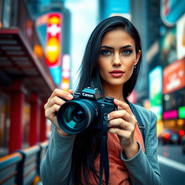 A stunning female photographer with long black hair, striking blue eyes, and soft pink lips, standing against a vibrant city backdrop