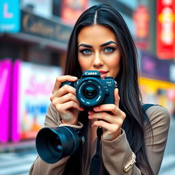 A stunning female photographer with long black hair, striking blue eyes, and soft pink lips, standing against a vibrant city backdrop