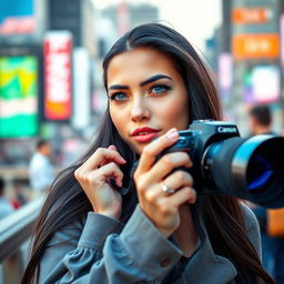 A stunning female photographer with long black hair, striking blue eyes, and soft pink lips, standing against a vibrant city backdrop