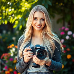 A beautiful woman, a photographer, with long blonde hair, striking blue eyes, and soft pink lips