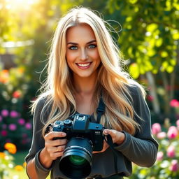 A beautiful woman, a photographer, with long blonde hair, striking blue eyes, and soft pink lips